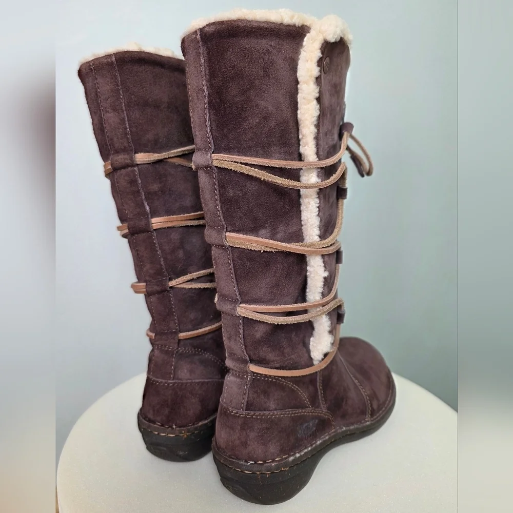 UGG Australia Mid-Calf Brown Suede Boots Shearling Trim Leather Lace-Up 7US/38EU